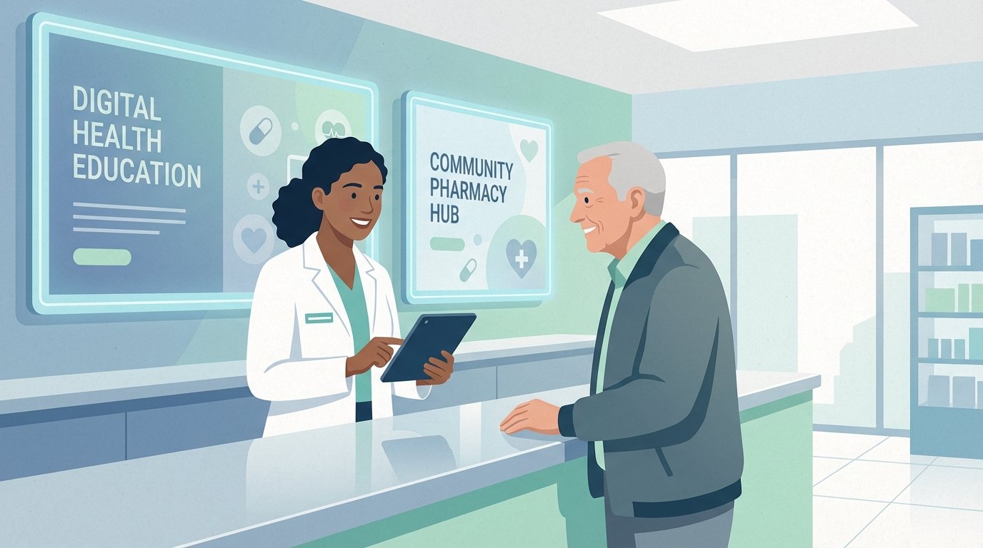 Důvěryhodný lékárník konzultuje pacienta u pultu v moderní lékárně v sousedství s digitálními...